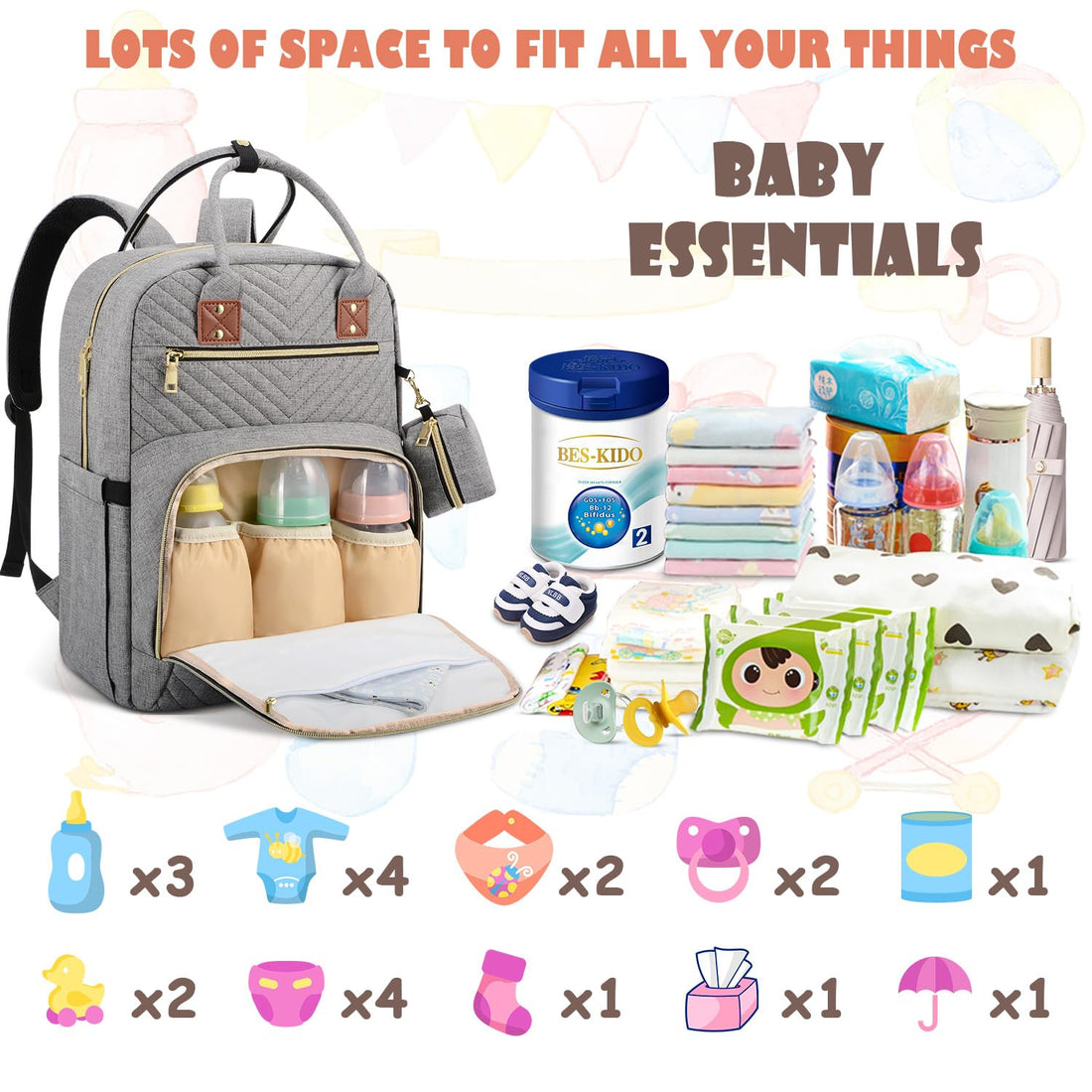 Tenot Baby Diaper Bag Backpack, Travel Diaper Bags for Baby Girl Boy Large Capacity Baby Bag Backpack for Women Grey