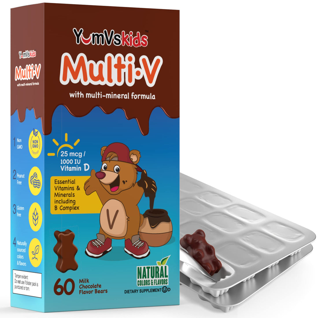 YUM-V'S - Kids Multivitamin Chewable Chocolate Bears - Multivitamin for Kids Supplement - 16 Vitamins & Minerals - Vitamins Including D, Zinc, C, B Complex & More, 60 Count Pack of 1