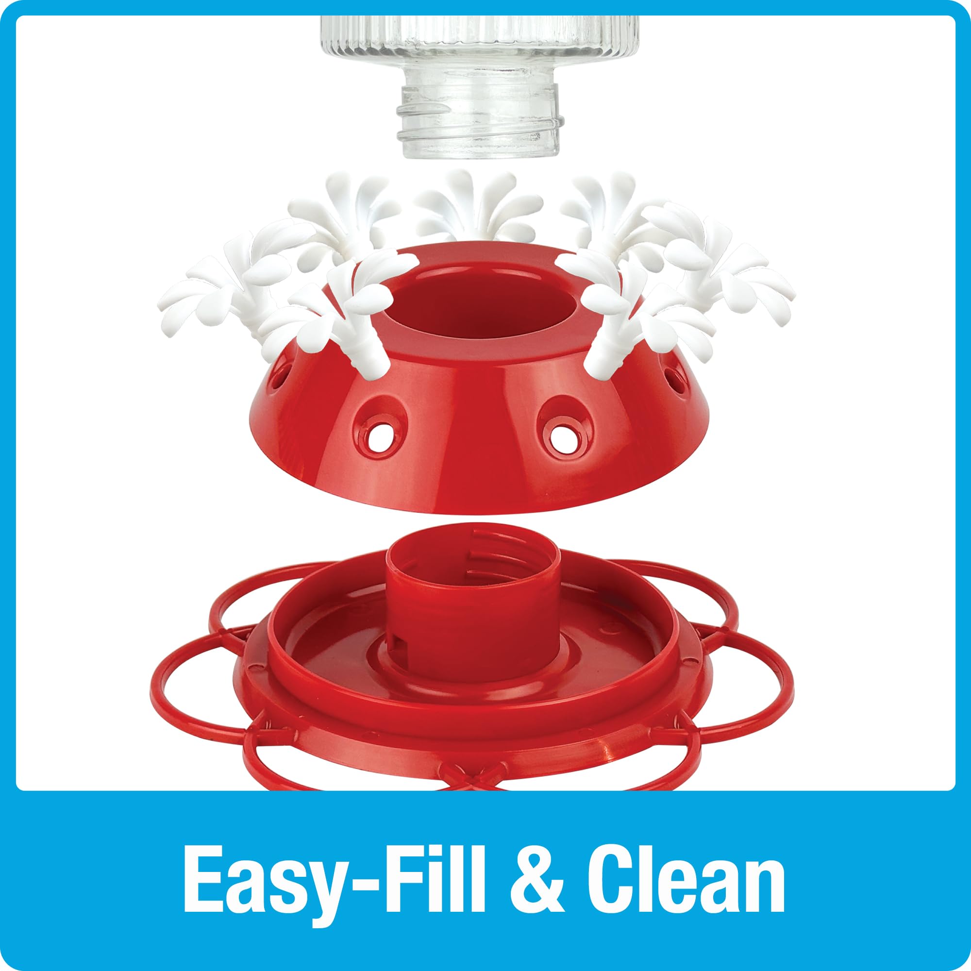 Nature's Way Hanging Glass Hummingbird Feeder for Outdoor Décor, 28 Ounce Capacity Nectar Feeder, Ant Moat, 7 Easy to Clean Flexible Ports, Red