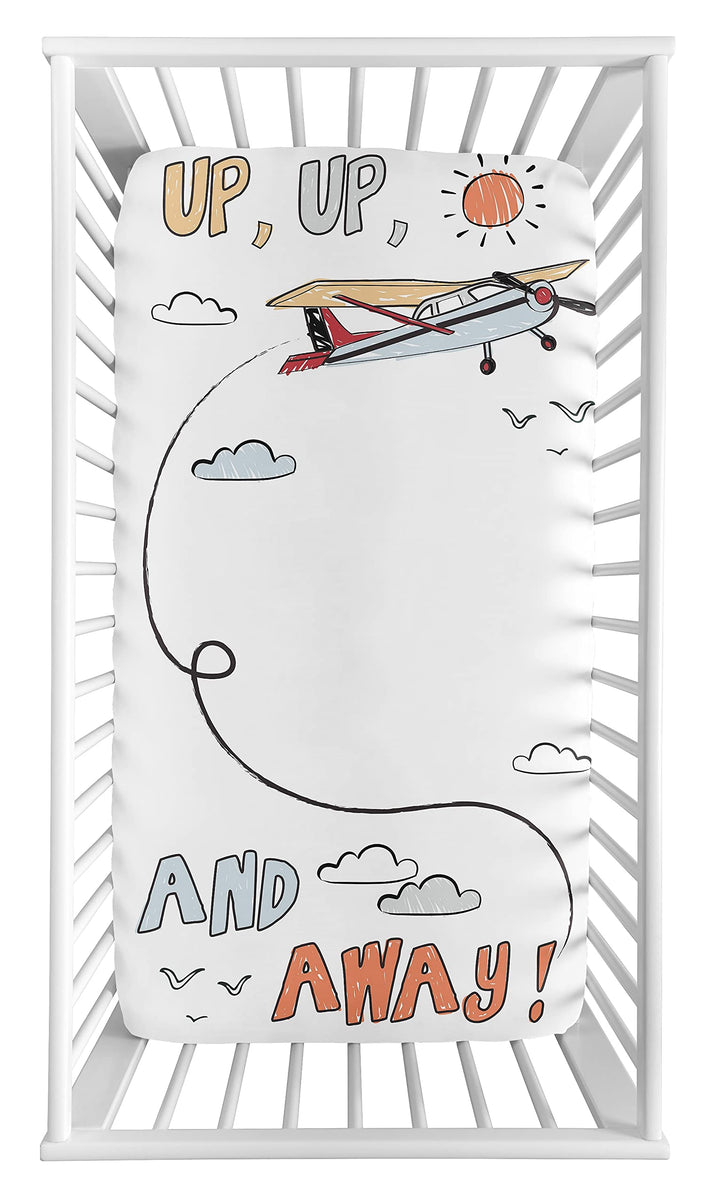 Sweet Jojo Designs Vintage Airplane Boy Fitted Crib Sheet Baby Toddler Bed Nursery Photo Op - Grey Yellow Orange Red White and Blue Airplanes Air Plane Transportation Clouds Sun Sky Aviator Aviation