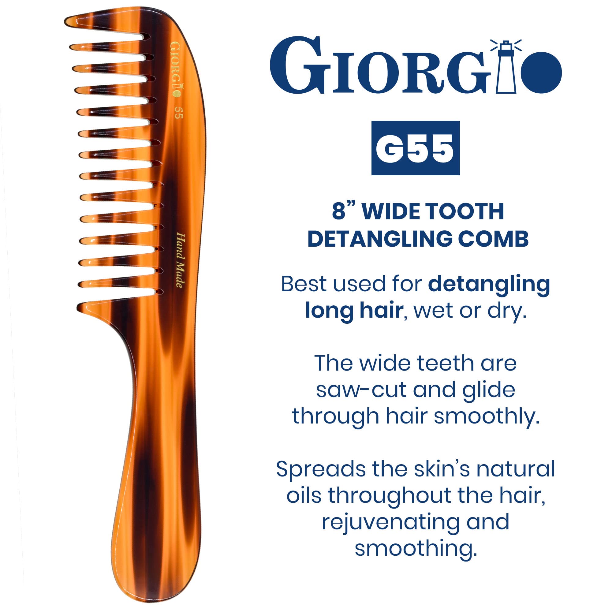 Giorgio G55 8 Hand Made Tortoise Detangling Comb - Wide Teeth. Hand-Made of quality Durable Cellulose.