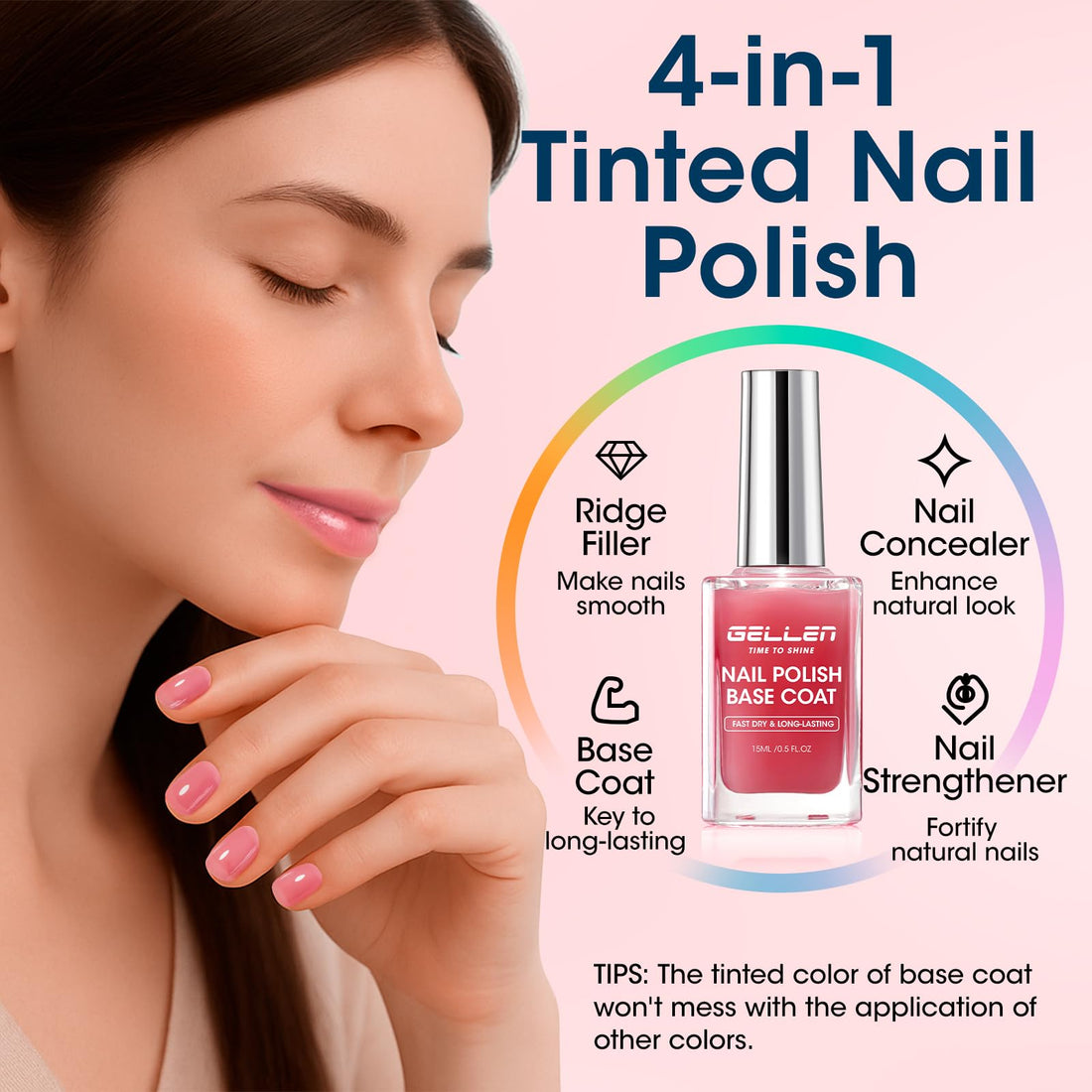 Gellen 4-in-1 Clear Nail Polish Base Coat Sheer Tinted Red, Ridge Filler, Nail Strengthener & Concealer, Calcium Formula Strengthens Nails, Natural Color Enhances Natural Look, No HEMA, Anti-yellowing