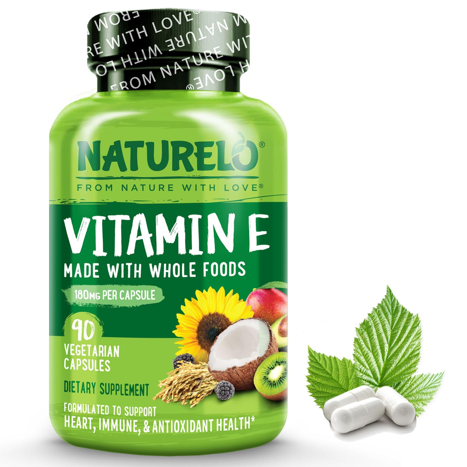 NATURELO Vitamin E - 180 mg (300 IU) of Natural Mixed Tocopherols from Organic Whole Foods - Supplement for Healthy Skin, Hair, Nails, Immune & Eye Health - Non-GMO, Soy Free - 90 Vegan Capsules