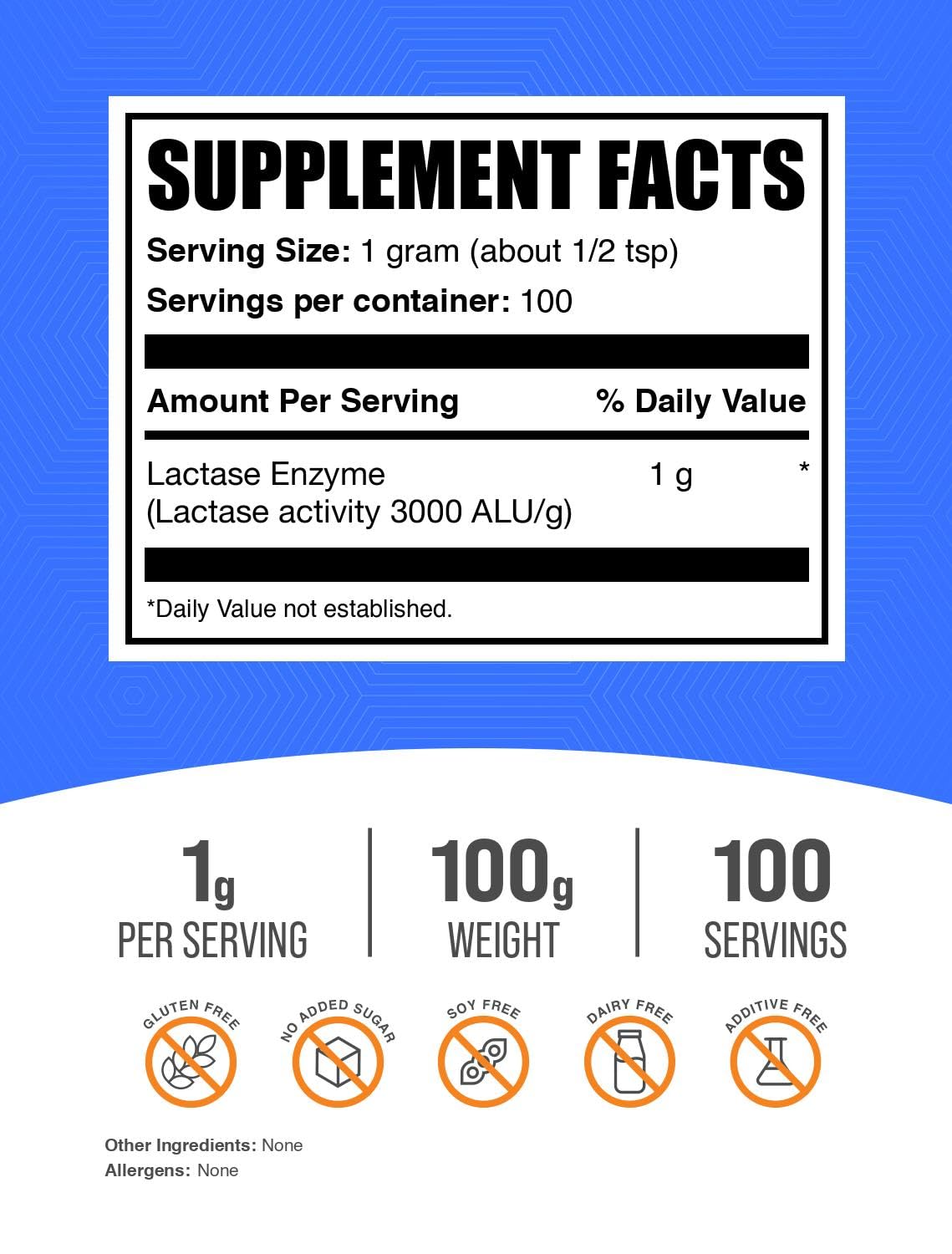 BulkSupplements.com Lactase Enzyme (3000 ALU) Powder - Digestive Enzyme Lactase, Lactase Enzyme Supplement - Gluten Free, 1g per Serving, 100g (3.5 oz) (Pack of 1)