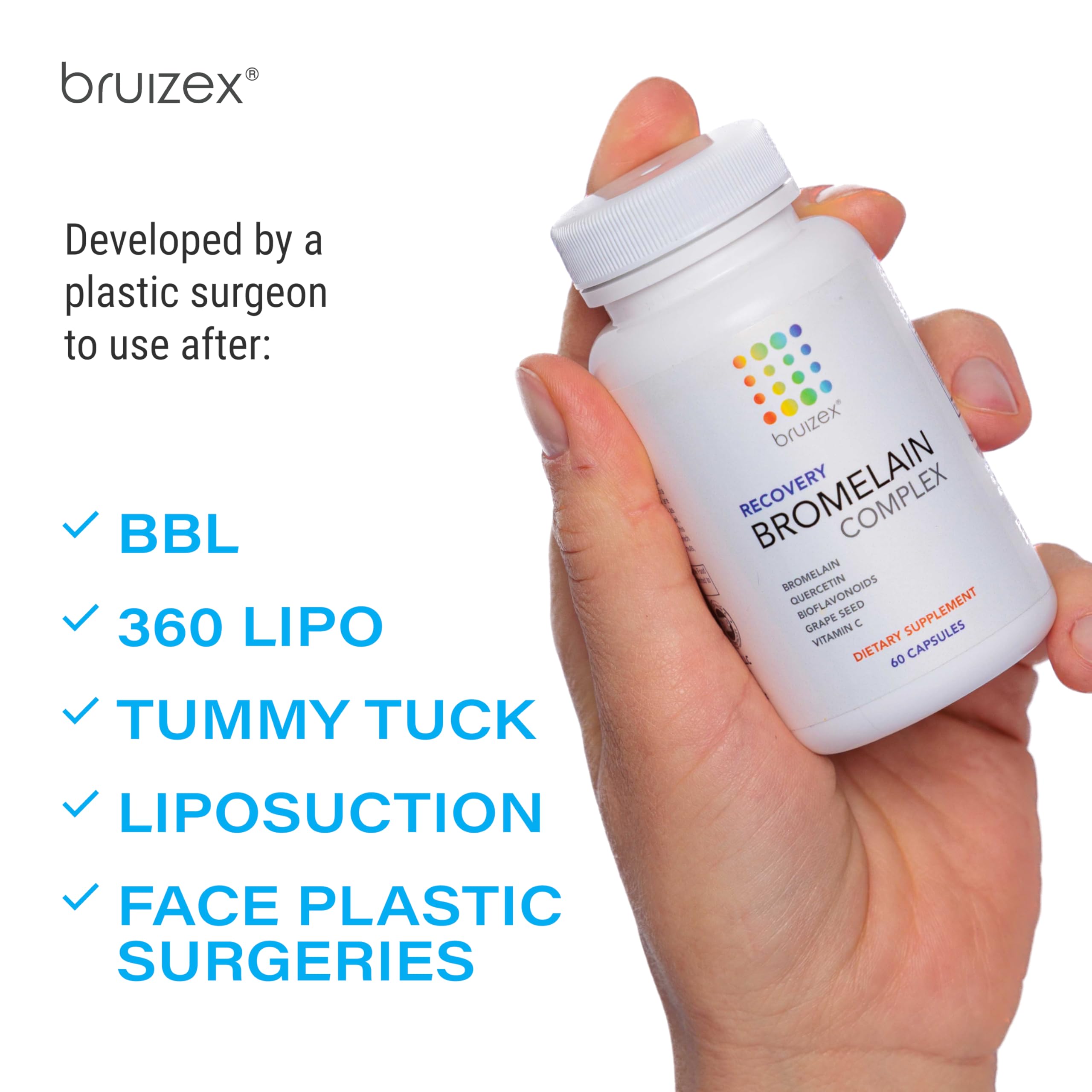 Bromelain & Quercetin Recovery Complex I Post Surgery Recovery I Bruising, Swelling Relief, Lymphatic Drainage I Post 360 lipo, BBL, Liposuction, Tummy Tuck I Non GMO 60 caps