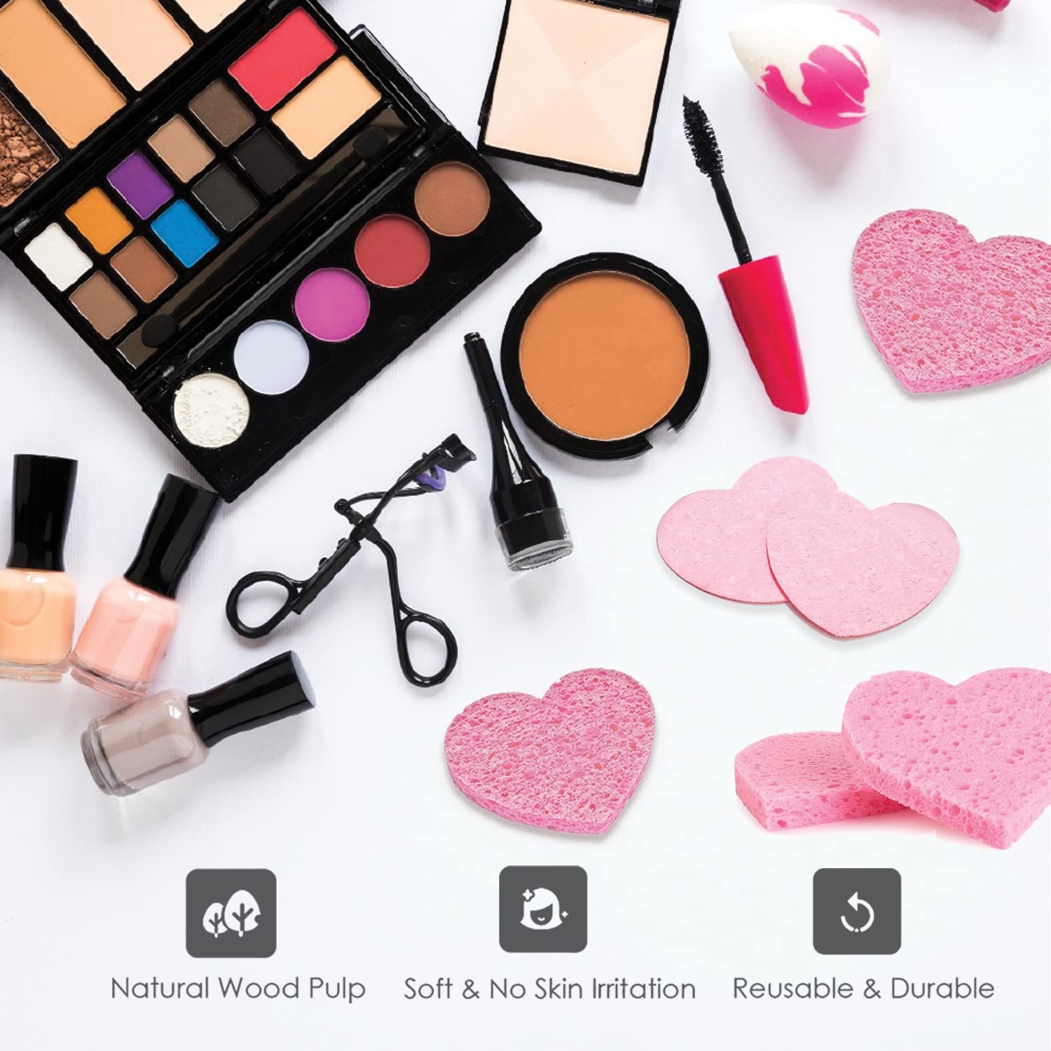 60-Count Compressed Facial Sponges, 100% Natural Cosmetic Spa Sponges for Facial Cleansing, Exfoliating Mask (Pink Heart)