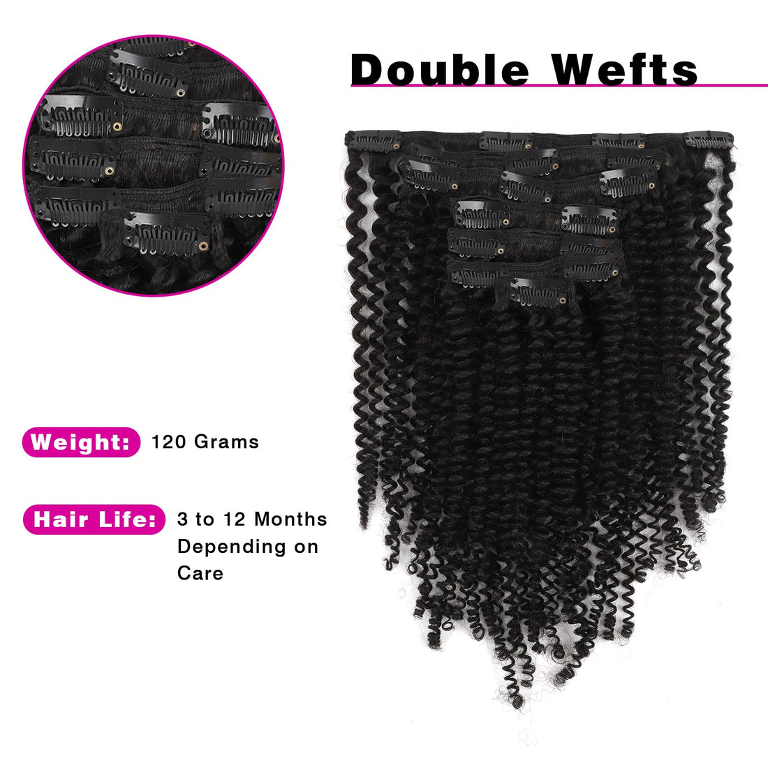 Sassina Sassina Real Thick Kinky Curly Clip in Human Hair Extensions Natural Color 3B 4A For African American Black Women 7Pcs/lot 120Grams/set With 17 Clips, KC 18 Inch