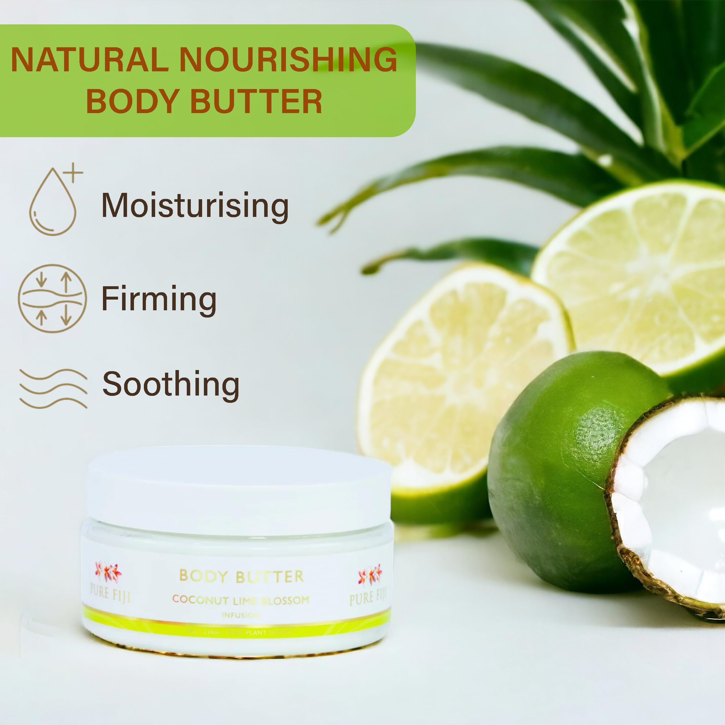 Pure Fiji Hydrating Body Butter - Natural Body Butter with Coconut, Dilo, Macadamia, Sikeci Oil, Coconut Lime Blossom, 8 oz