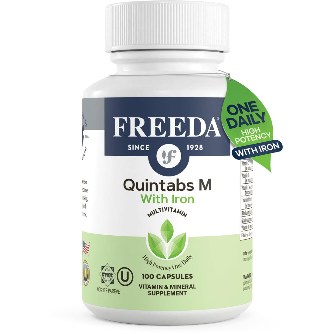 FREEDA Multivitamin – Quintabs-M with Iron – Kosher Multi Vitamins Supplements for Women Health - Multivitamins for Women & Iron-Deficient Men Adult Vitamins Multivitamin (100)