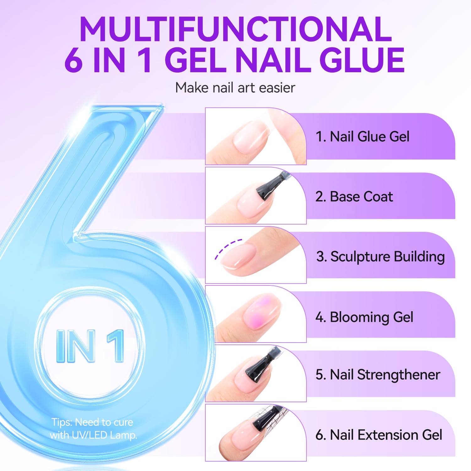 Gelike EC Gel Nail Glue UV Light: 6 in 1 Adhesive Gel Nail Polish, Strong Nail Glue For Press On Nails Nails Acrylic Tips, Long Last Gel x Nail Kit Blooming Gel Girl Gift for Home Salon Beginner DIY