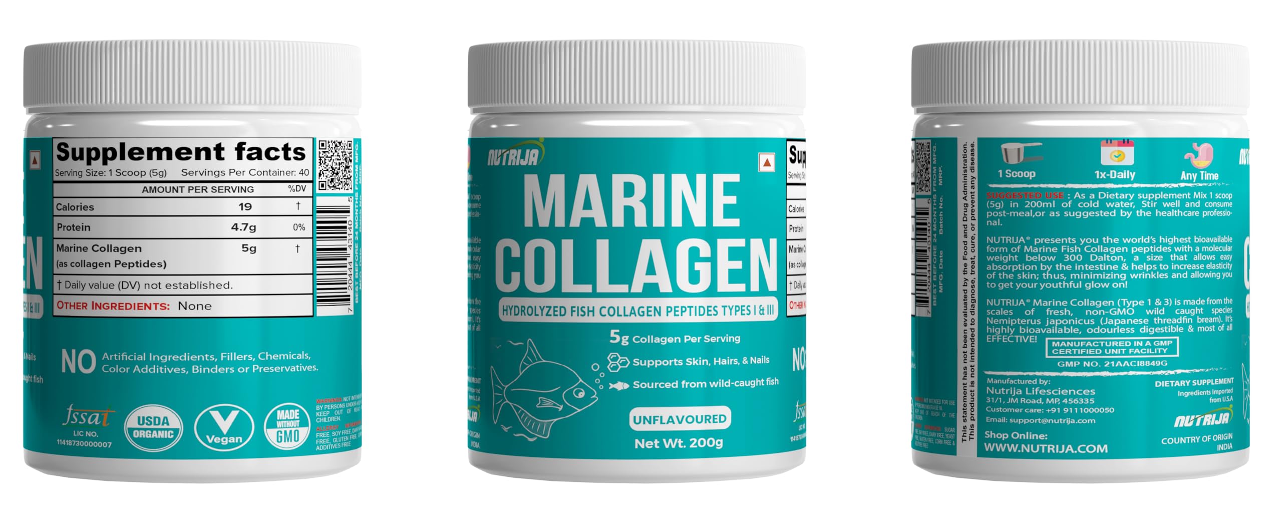 NutriJa Marine Collagen Peptides – Hydrolyzed Fish Collagen - Highly Bioavailable - Small Molecule Size 300Da (0.3 kDa) 200grams