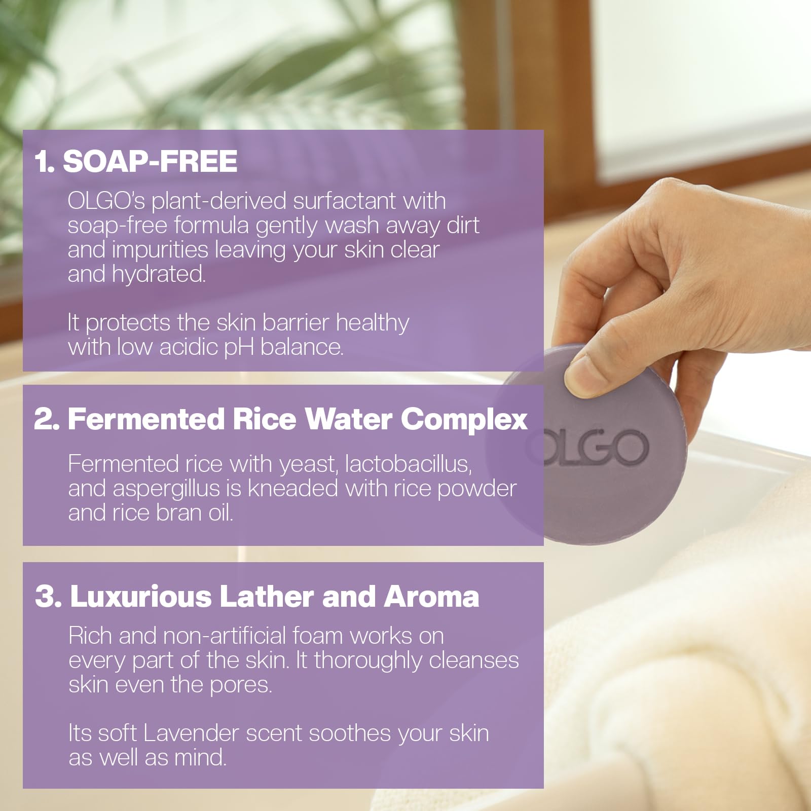 OLGO Rice Cleansing Bar 3.5 oz - Soap-free cleansing bar for face and body | crystal clear & moist skin with fermented Korean rice water and natural lavender oil | vegan, sustainable formula