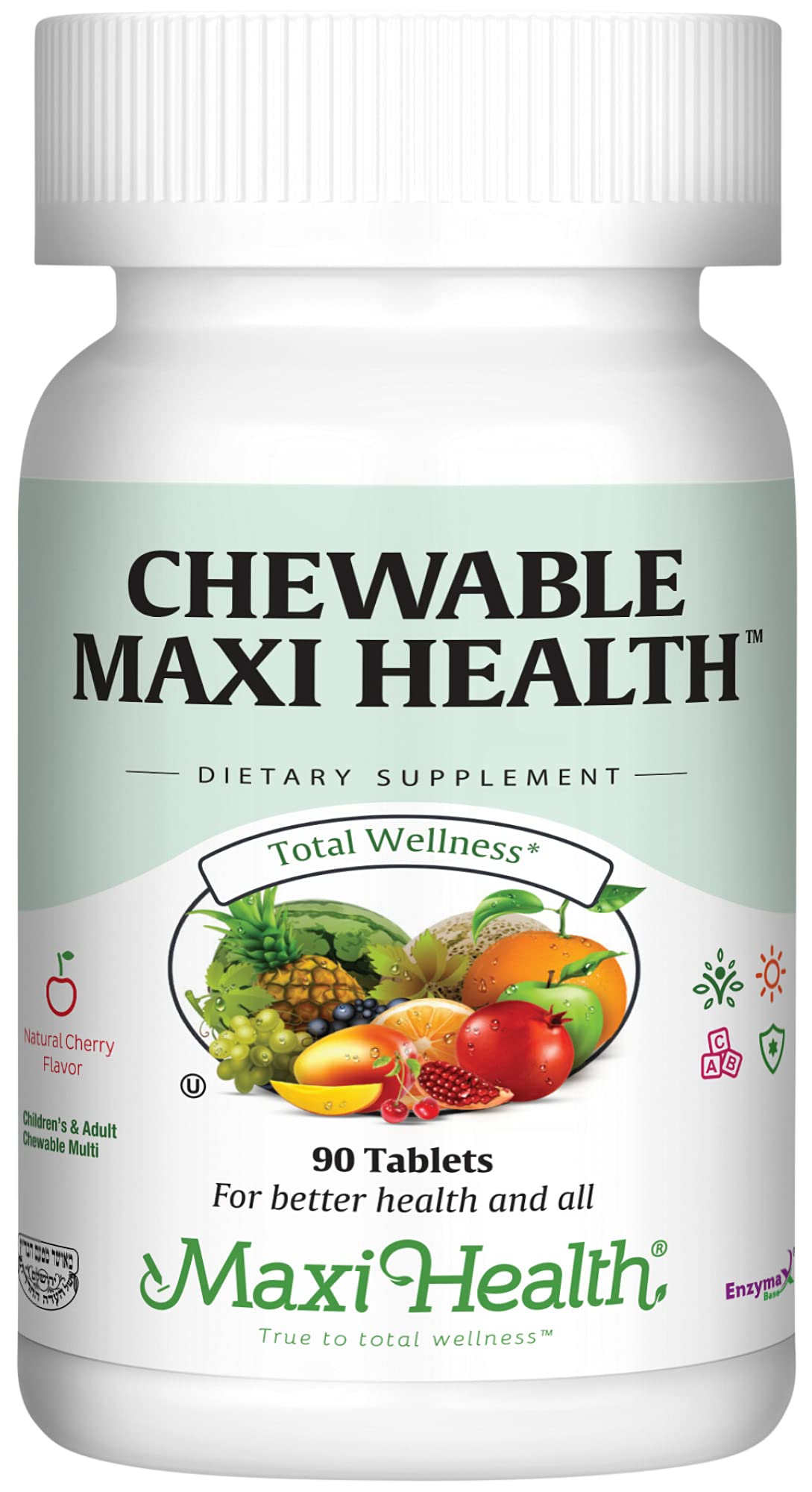 Maxi Health Chewable Multivitamin for Kids, Teens and Adults - Cherry Chewable Vitamins for Adults & Children - Kosher Kids Multivitamin + Iron (90 Tablets)