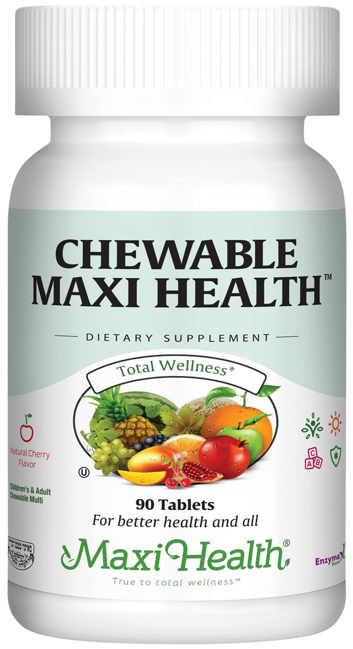 Maxi Health Chewable Multivitamin for Kids, Teens and Adults - Cherry Chewable Vitamins for Adults & Children - Kosher Kids Multivitamin + Iron (90 Tablets)