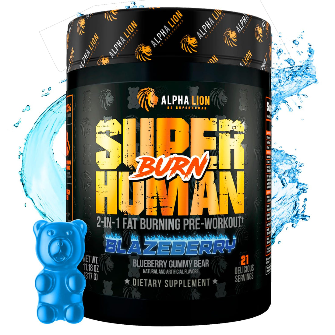 ALPHA LION Superhuman Burn 2-in-1 Metabolism Booster Pre Workout, Weight Loss Supplement, Appetite Suppressant, Fat Loss Support, Energy & Focus Powder (21 Servings, Blue Gummy Bear Flavor)