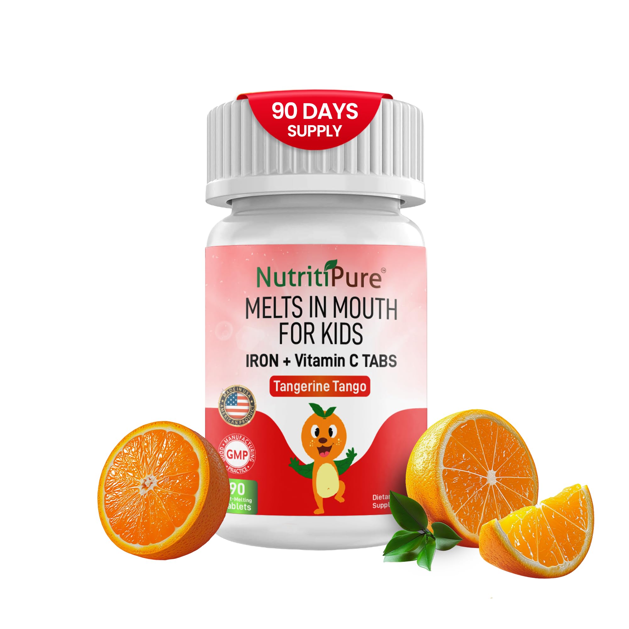 NutritiPure Chewable Iron Supplements for Kids (Ferronyl®/Carbonyl Iron 9 mg with Vitamin C 30 mg) Tablet in Tangerine Tango Orange Flavor Kids Iron Supplement 90 Count