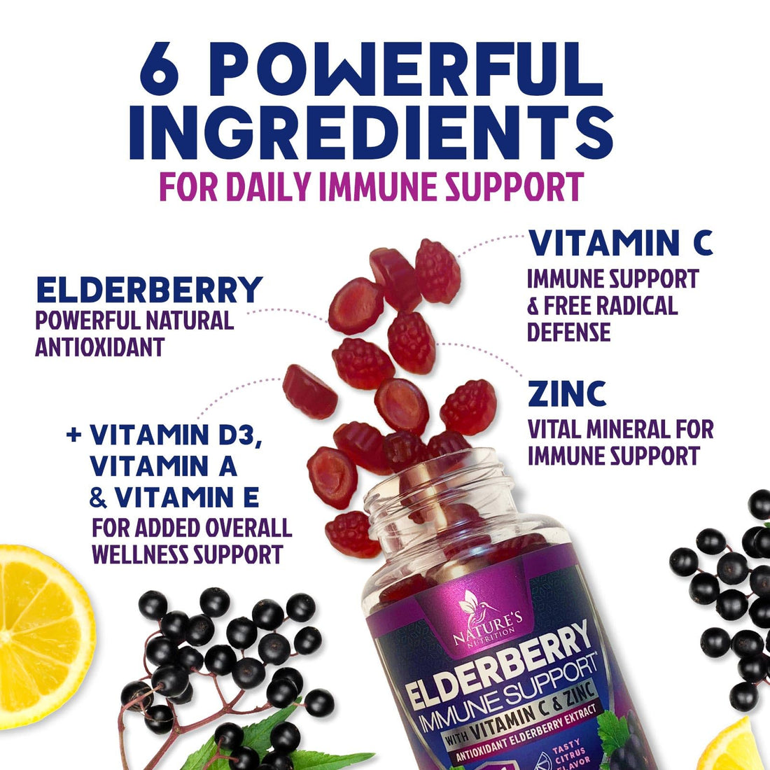 Immune Support Gummies - Powerful Sambucus Elderberry Gummies with Elderberry Extract, Zinc & Vitamin C Gummy, Max Potency Natural Vegan Immune Support Supplement for Adults & Children - 60 Gummies