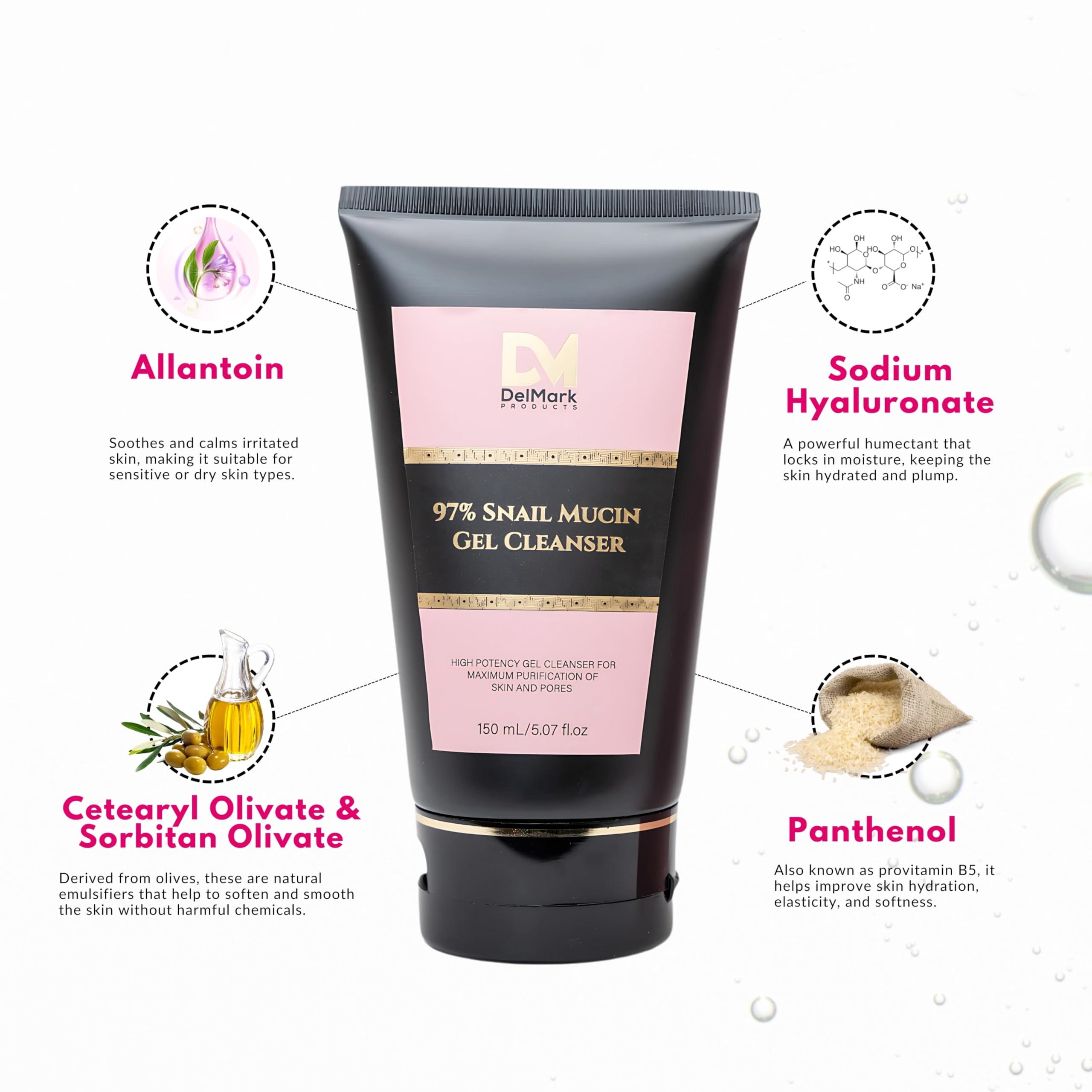 DelMark Products Snail Mucin Gel Cleanser, 5.07 Fl Oz / 150 mL, High Potency Gel Cleanser for Dry & Sensitive Skin with Mucin 97% Power - Korean Skincare