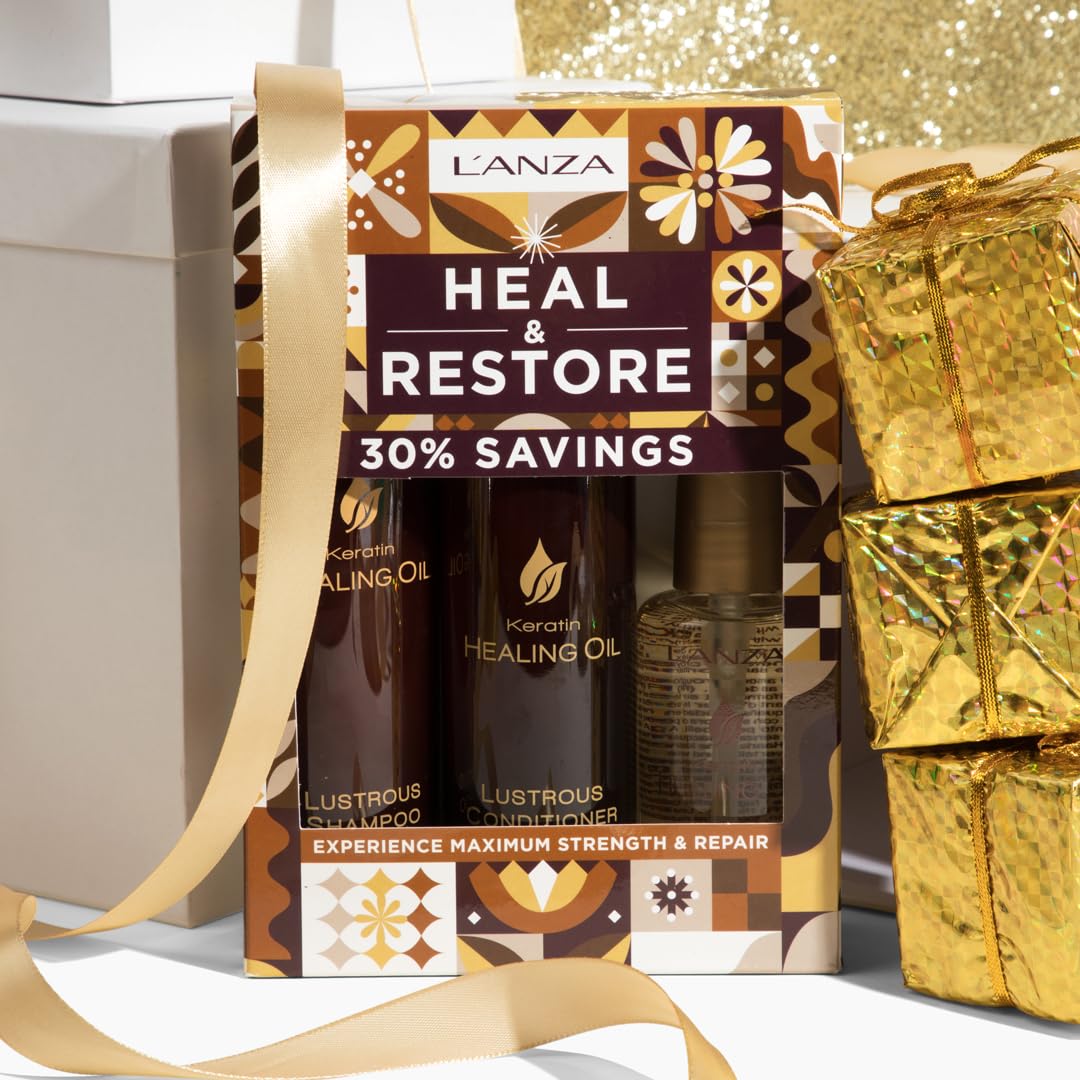 L'ANZA Keratin Healing Oil Trio Hair Kit, Restorative Lustrous Shampoo, Conditioner & Keratin Oil Treatment Serum in a Gift Box, Luxury Hair Care Kit For Dry, Damaged Locks (10.1/8.5/3.4 Fl Oz)