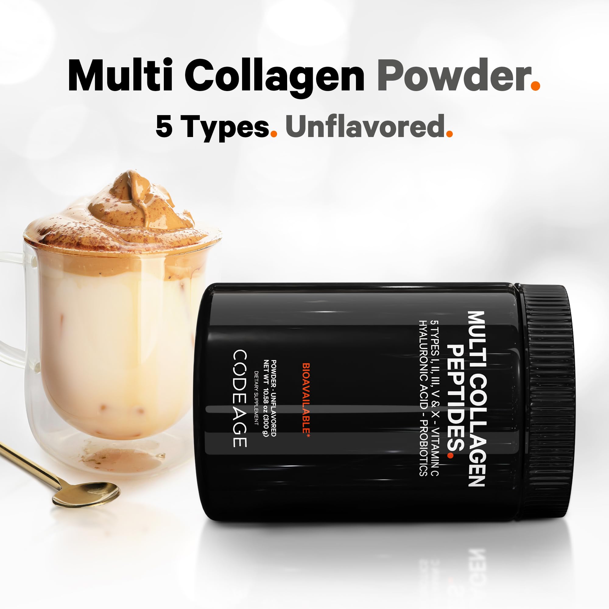 Codeage Multi Collagen Peptides Powder + Probiotics Black Edition, Vitamin C, Hyaluronic Acid Powder Supplement, Grass-Fed, Hydrolyzed, Zero Carbs, Type I, II, III, V & X, Unflavored, 10.58oz