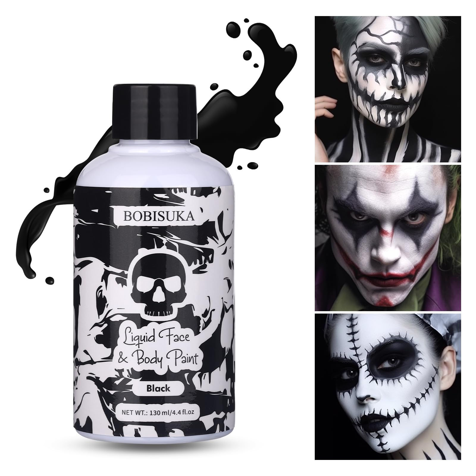 BOBISUKA Black Face Body Paint Liquid Texture Washable Non Toxic Facepaint Fast Drying Foundation Makeup for Halloween Clown Skeleton Skull Cosplay SFX Costume Party Large Capacity(130ml)