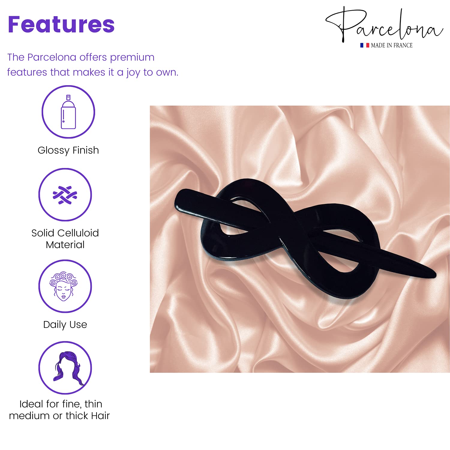 Parcelona French Infinity Glossy Black Celluloid Acetate Bun Cover Hair Slider Pin Thru Barrette Clip with Stick