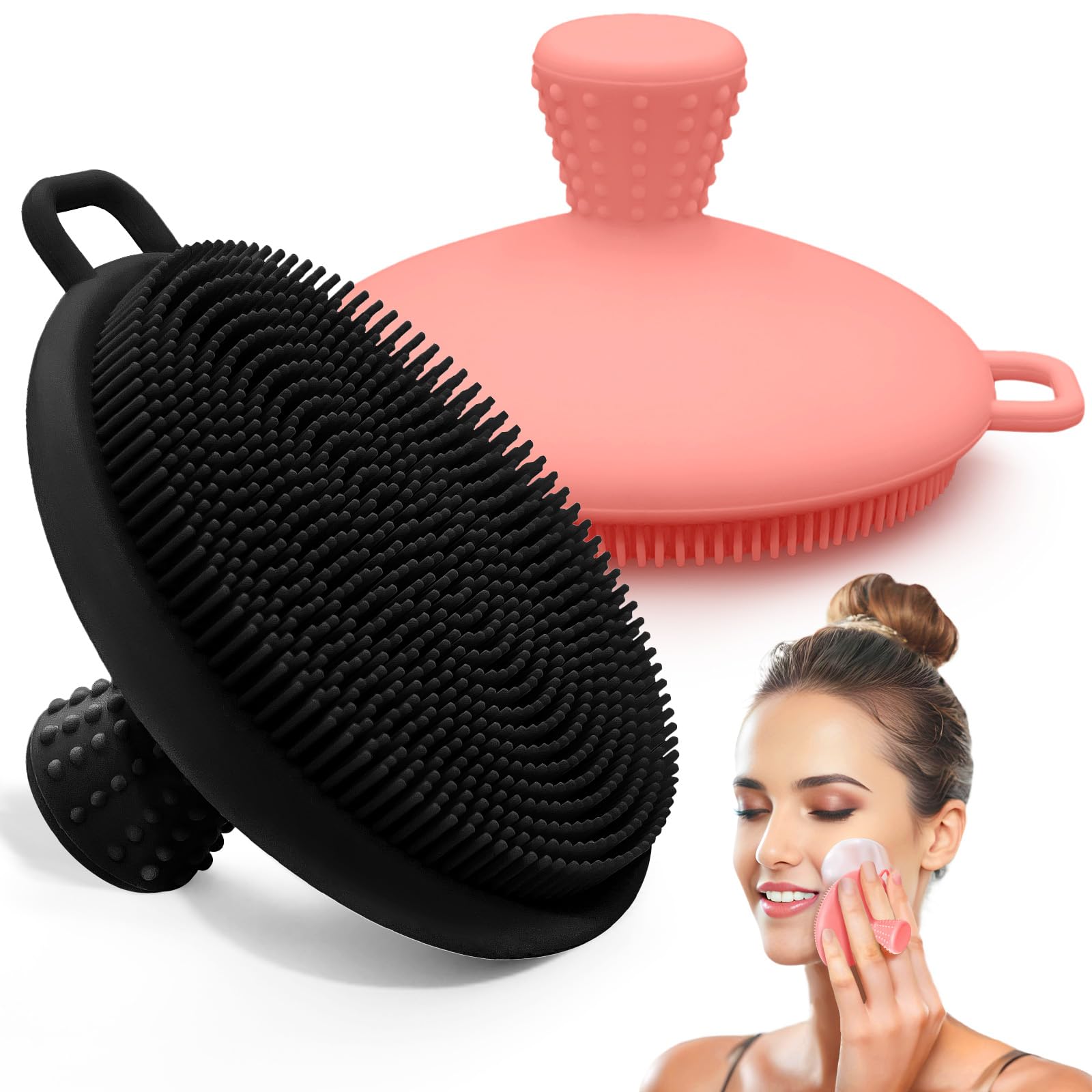 GEENOA Silicone Face Scrubber 2PCS, Manual Face Scrubber Exfoliator with Soft Bristles and Non-Slip Handle, Gentle Facial Scrubber Face Brush for Super Lathering & Deep Cleansing(Black+Pink)