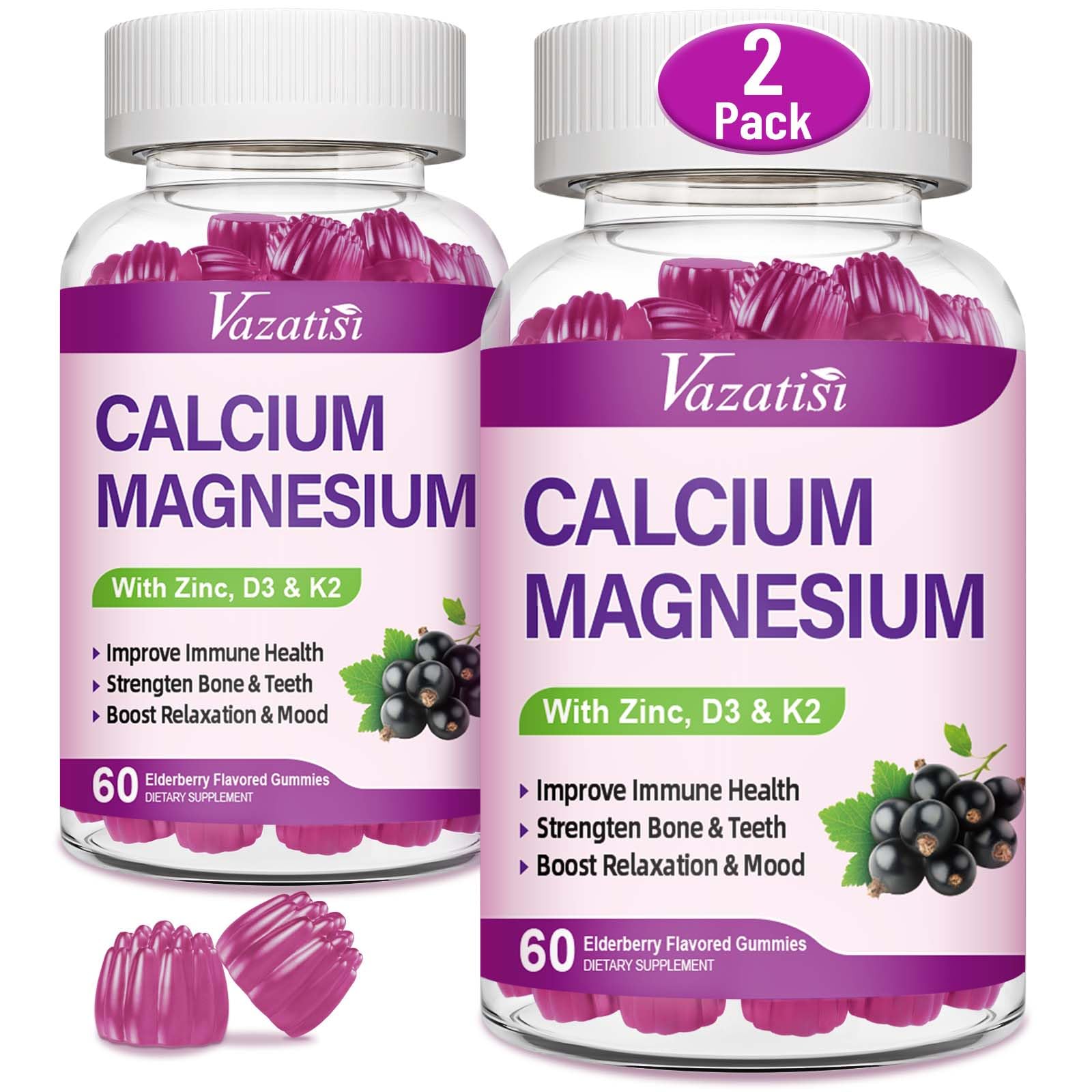Calcium Magnesium Zinc Gummies with Vitamin D3 and K2, High Absorption Magnesium Glycinate Potassium for Immune and Muscles, Vegan Elderberry Flavor 120 Gummies