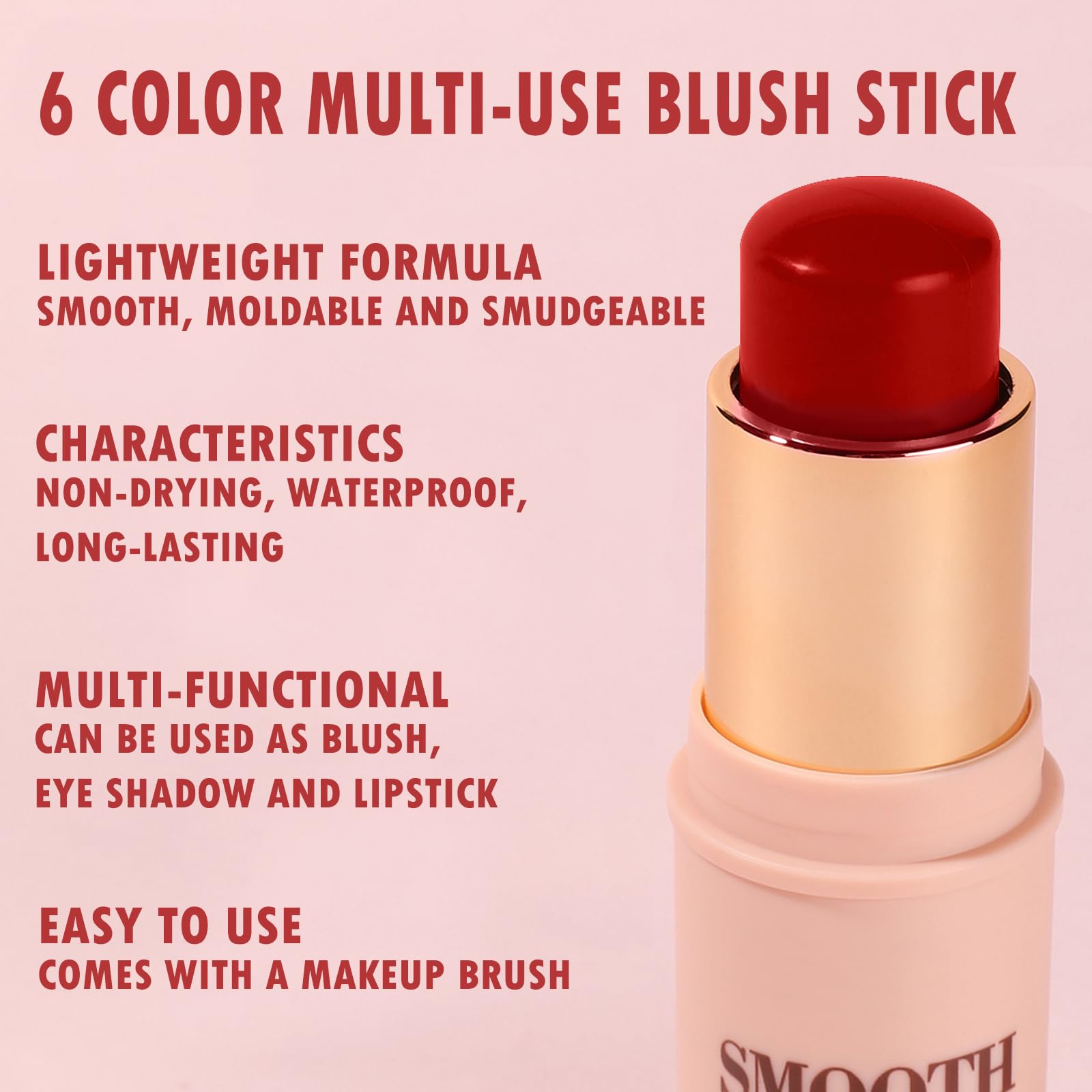 Multi-use Blush Stick, Monochromatic Face Beauty Wand for Cheek, Eyeshadow and Lip, Longwear Waterproof Matte Finish Cream Blush Makeup Stick with Brush for Women, 0.28oz (Hot Red #03)