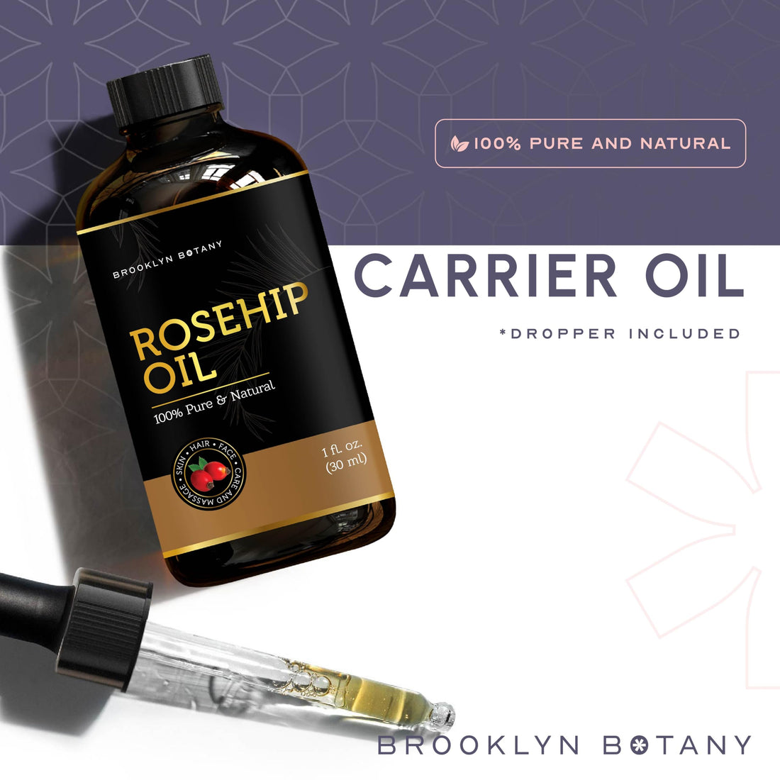 Brooklyn Botany Rosehip Oil for Face, Skin and Hair - 100% Pure and Natural Rosehip Seed Oil - Use as Carrier Oil for Essential Oils, Aromatherapy Oil, Massage Oil, Body Oil - 1 Fl Oz