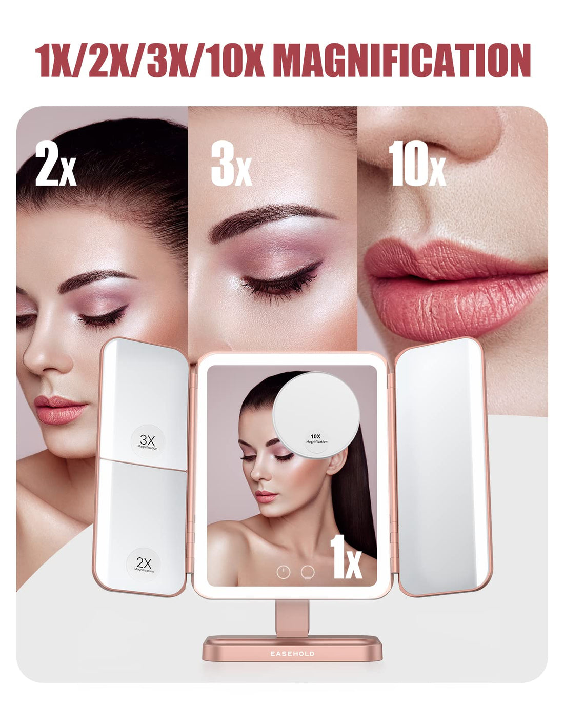 EASEHOLD Rechargable Makeup Mirror Vanity Mirror with Lights, 5000Mah & USB Cable, 112 LEDs Lighted Trifold Mirror with 1X 2X 3X 10X Magnification, Smart Touch, Portable Cosmetic Beauty Mirror