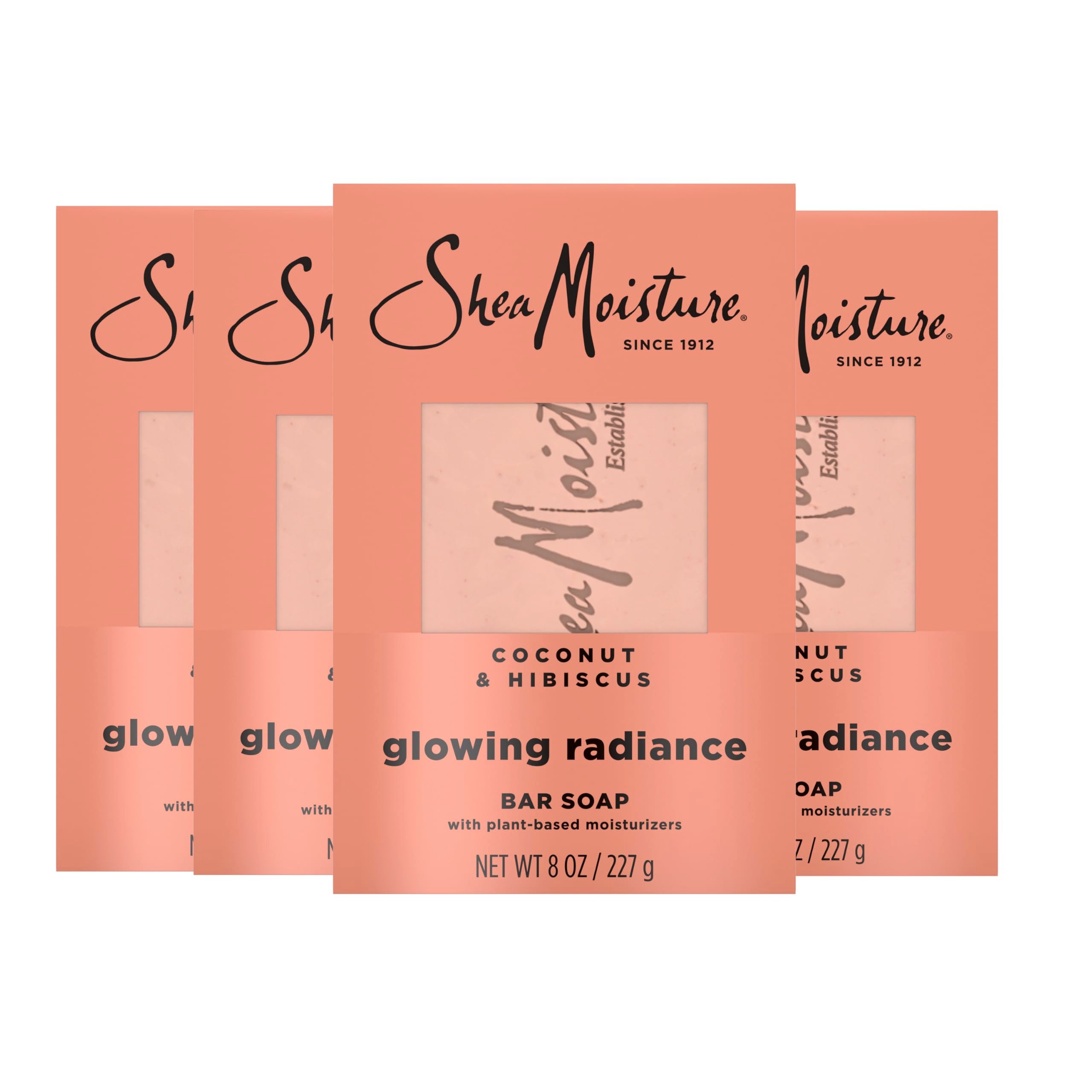 SheaMoisture Bar Soap Coconut and Hibiscus 4 Count Glowing Radiance Glowing Radiance bar soap with 24h shea moisture nutrients for Healthy, Glowing Skin 8 oz