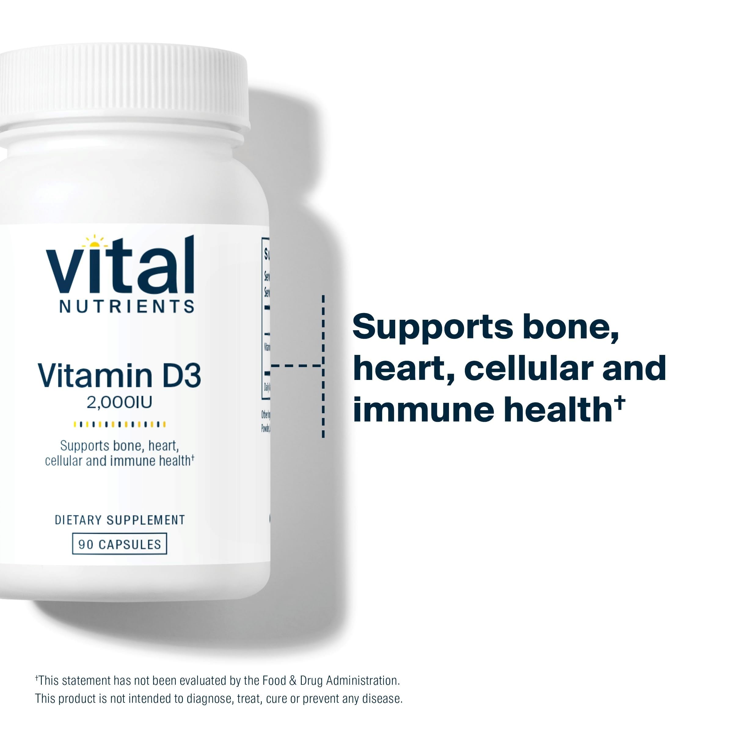 Vital Nutrients Vitamin D 2000 IU | Vitamin D3 Supplement | Healthy Bones, Teeth, Muscles*| Cellular & Immune Function | Calcium Absorption | Gluten, Dairy and Soy Free | 90 Capsules