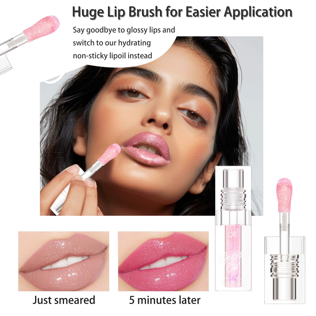 Hydrating Lip Glow Oil, Glitter Pink Plumping Tinted Gloss for Women & Girls, Moisturizing Non-Sticky Smooth Lacquer with Big Brush for Daily Use & Events, Lip Care lipgloss for Dry Lips(Pink, 1 pcs)