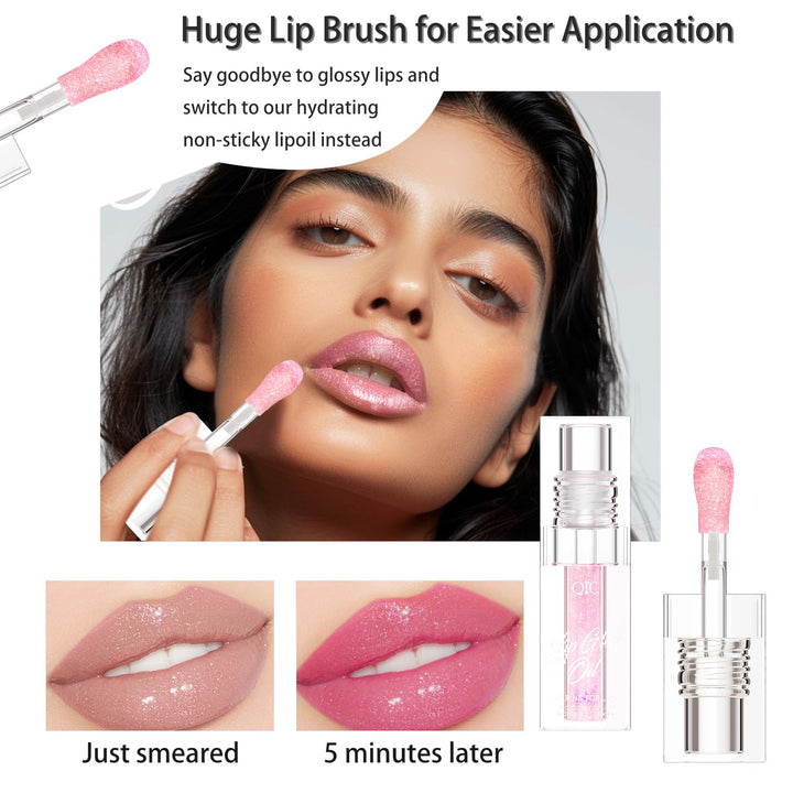 Hydrating Lip Glow Oil, Glitter Pink Plumping Tinted Gloss for Women & Girls, Moisturizing Non-Sticky Smooth Lacquer with Big Brush for Daily Use & Events, Lip Care lipgloss for Dry Lips(Pink, 1 pcs)