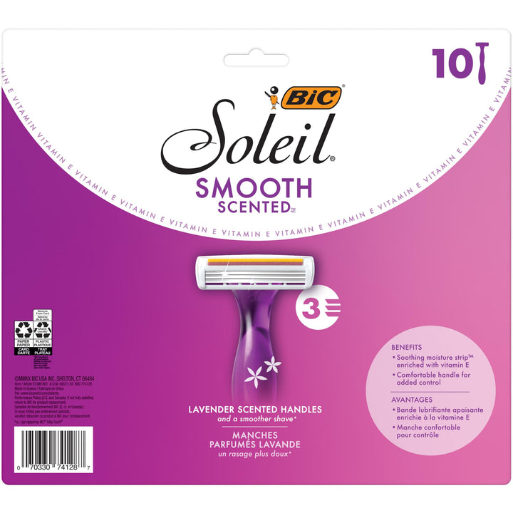 BIC Soleil Smooth Scented Women's Disposable 3 Blade Razors, Lavender Scented Handles and Soothing Moisture Strip, 10-Pack