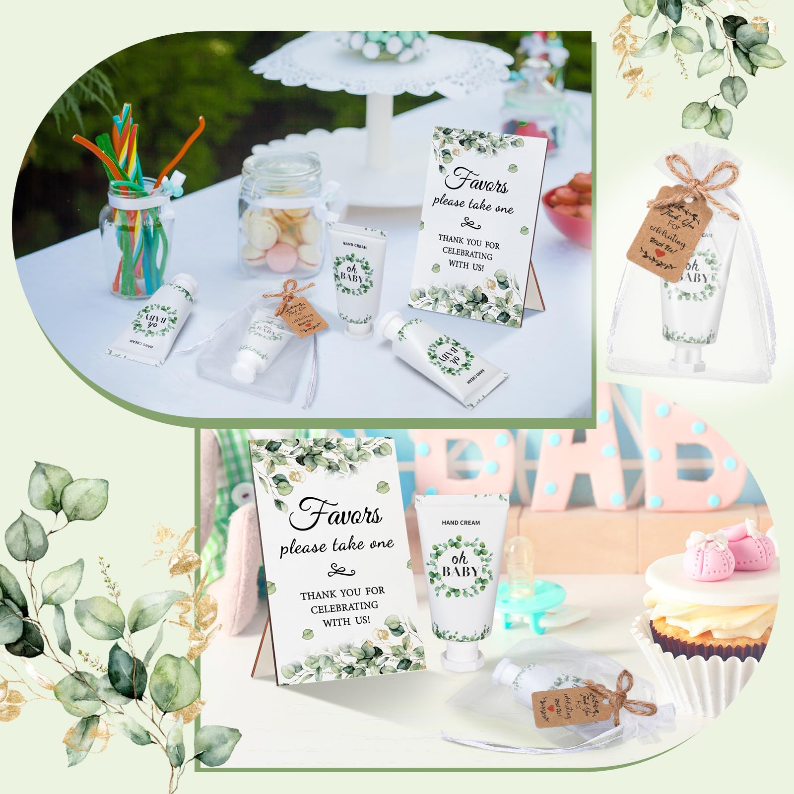 Dansib 48 Sets Baby Shower Hand Lotion Gifts for Guest Party Favors Travel Size Hand Lotion Bulk with Organza Bags Thank You Cards Wooden Sign Baby Shower Games Party Gifts(Green,Eucalyptus)