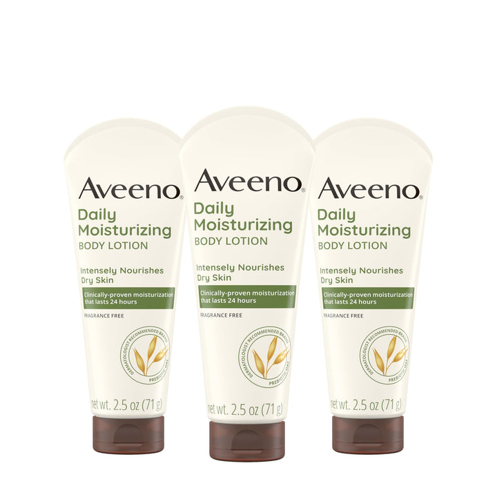 Aveeno Daily Moisturizing Body Lotion, Gentle Lotion Nourishes Dry Skin With Moisture, Soothing Prebiotic Oat, Fragrance-Free, Non-Comedogenic, Travel-Size, Pack of Three, 3 x 2.5 fl. Oz