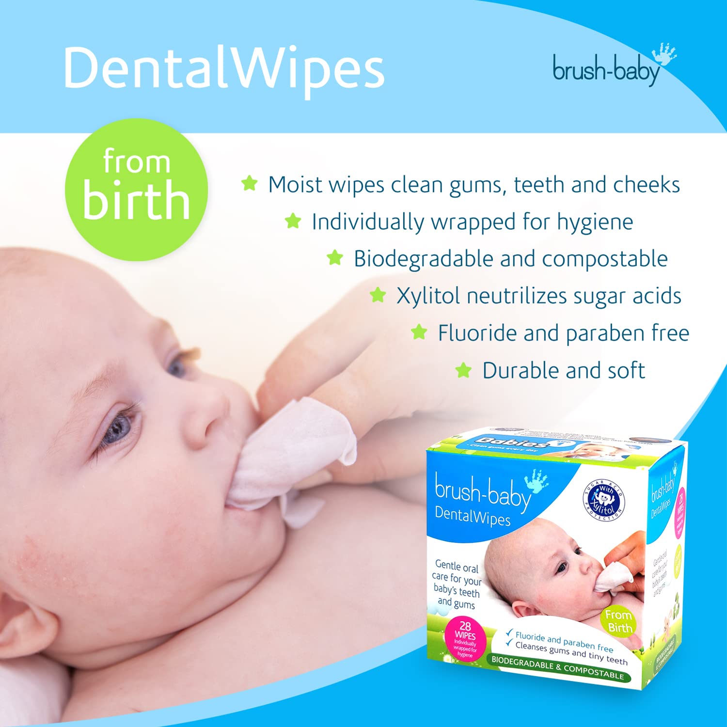 Brush Baby Teething Relief Dental Wipes for Ages 0-Toddler - Naturally Eliminate Teething Pain, Prevent Tooth Decay and Sour Milk Breath - 28 Finger Wipes (2-Pack)
