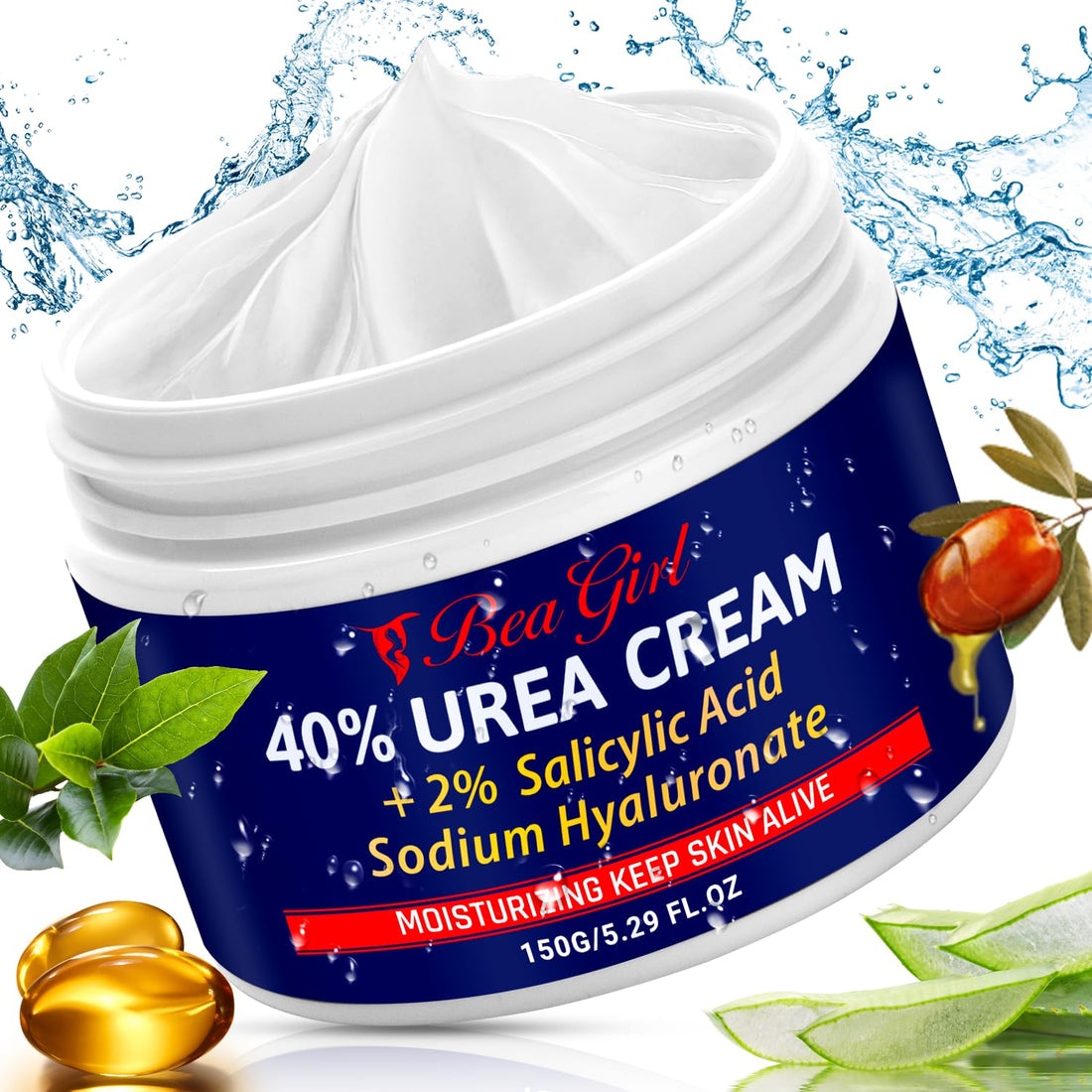 BeaGirl Urea Cream 40 Percent for Feet,Foot Cream & Hand Cream Maximum Strength with 2% Salicylic Acid,Hyaluronic Acid, for Dry Cracked Heels Feet Knees Elbows Hands-5.29 Fl.oz