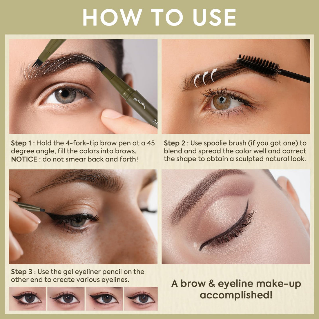 UCANBE Eyebrow Pen, Dual-Ended Eyebrow Pencil with 4-Fork-Tip & Gel Eyeliner for Women, Eye Brow Pen with Gel Eyeliner Pencil, Microblading Eyebrow Pencils with Hair Like Strokes, Light Brown
