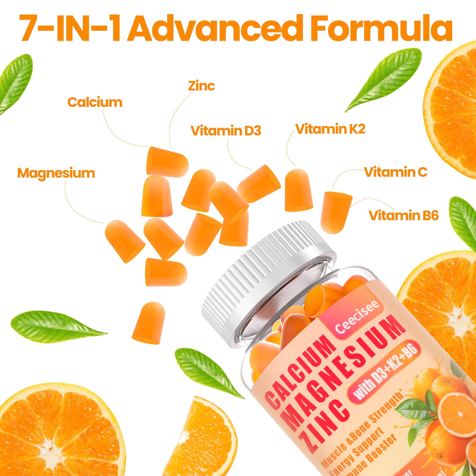 Calcium Magnesium Zinc Gummies with D3 &B6 &K2,1000mg Calcium Gummies with 300mg Magnesium Support Bone & Muscle for Adults and Teens,Sugar Free (60 Count (Pack of 2))