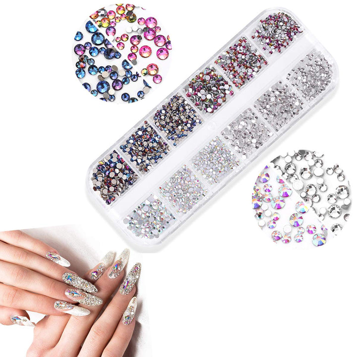 GBSTORE Nail Art Crystal Rhinestones,3D AB Glass Rhinestones, Nail Art Studs Nail Sequins For DIY Nails Art Clothes Shoes Crafts Decorations, Mixed Size and Colors,Approx1440-2080Pcs (Silver)