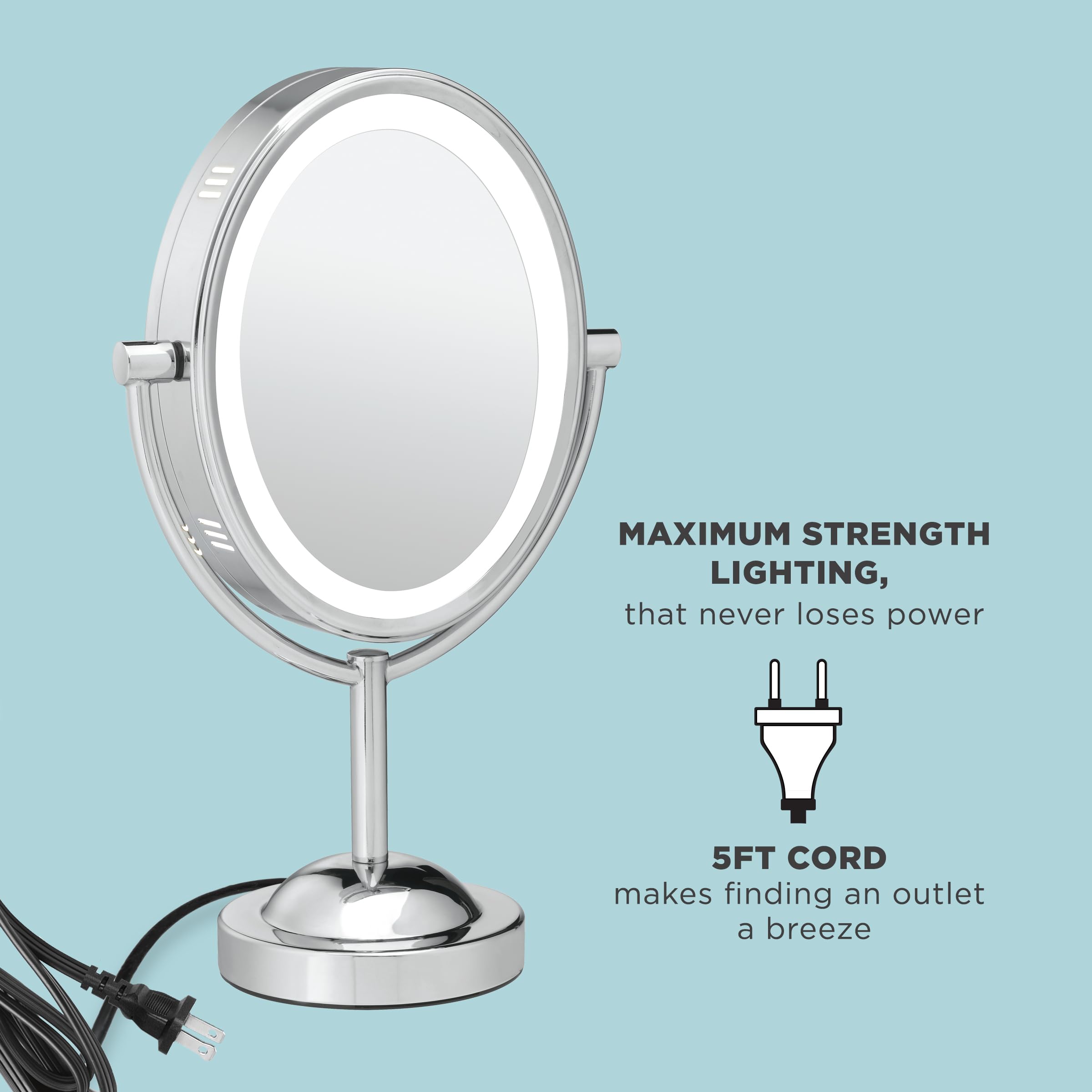 Conair Reflections Double-Sided Lighted Vanity Makeup Mirror, 1x/7x magnification, Polished Chrome