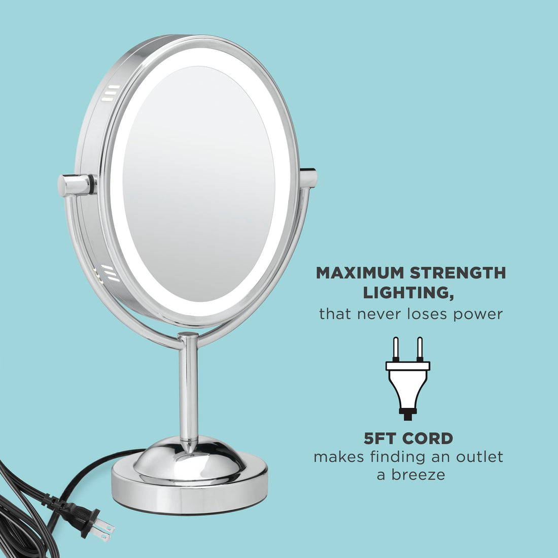 Conair Reflections Double-Sided Lighted Vanity Makeup Mirror, 1x/7x magnification, Polished Chrome