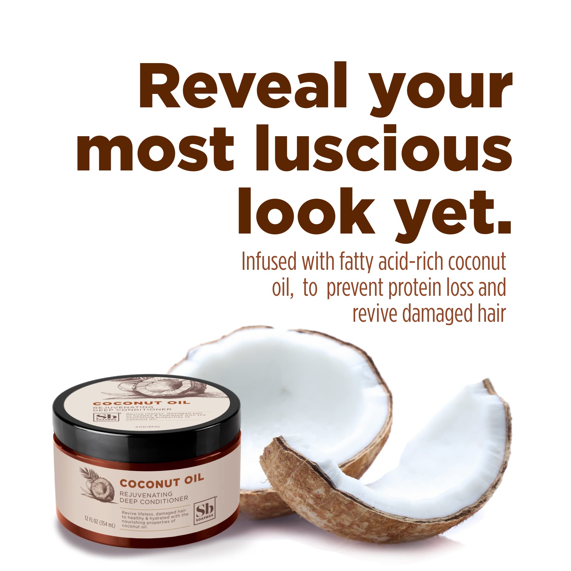 Soapbox Hydrating Coconut Oil Rejuvenationg Deep Conditioner - Treatment for Natural, Curly, Dry or Damaged Hair, Sulfate, Paraben & Cruelty & Silicone Free, Vegan, 12 Fl Oz