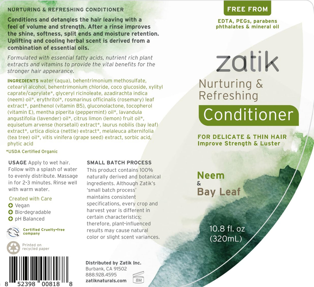Zatik Naturals - Nurturing and Refreshing Shampoo + Conditioner Set, with Neem & Bay Leaf for Dry, Fine, Delicate Hair - Biodegradable, pH Balanced, Free From sulfates, phthalates. 10.8oz(One of Each)