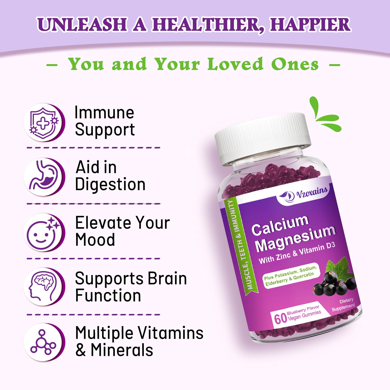 VZOXAINS High Absorption Calcium Gummies, Calcium Magnesium Zinc with Magnesium Glycinate, Potassium, Vitamin D3 for Women & Men- Blueberry Flavor 120 Cts