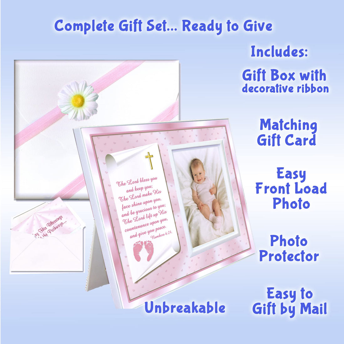 Baptism Christening Gifts Baby Blessing Picture Frame - Numbers 6:24-26 - Girl