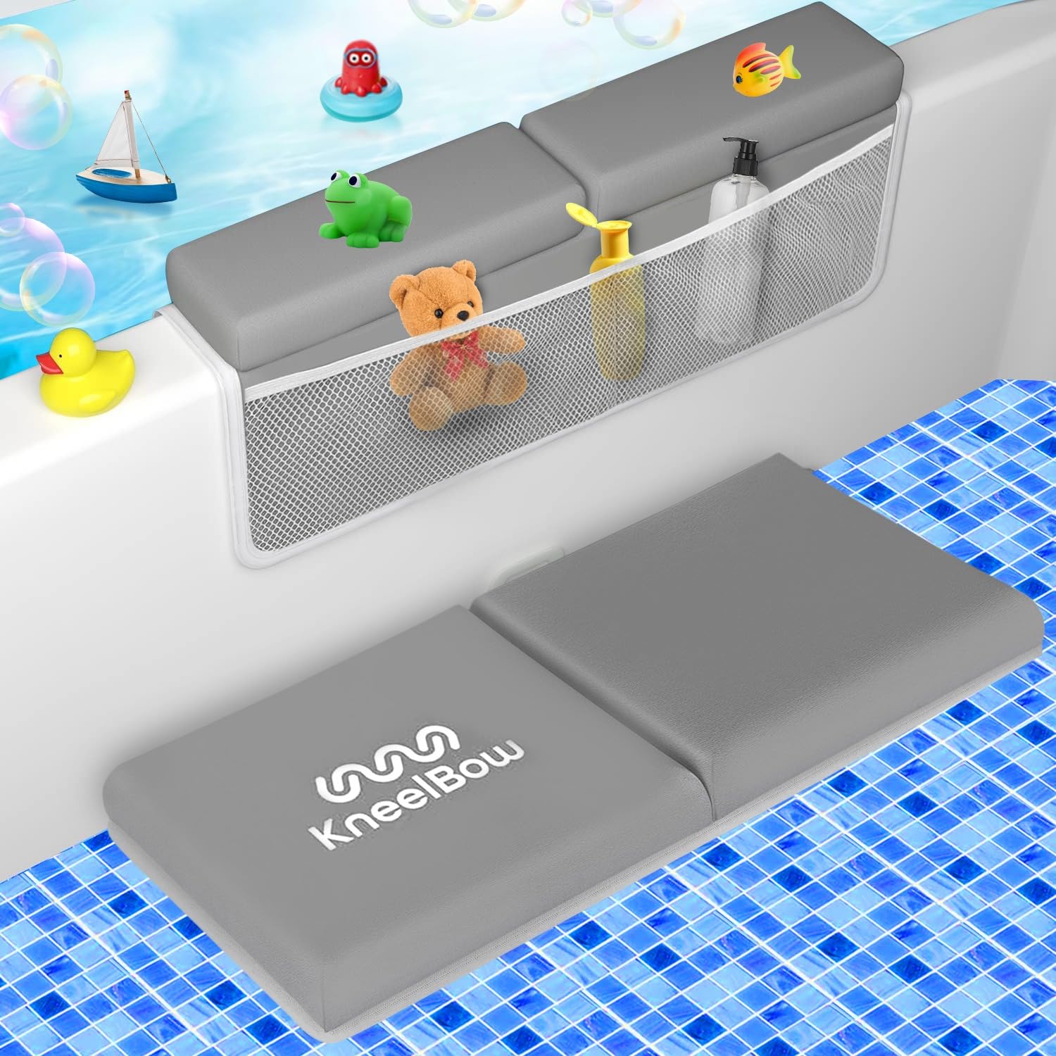 Baby Bath Kneeler and Elbow Rest Pad 2 Pieces Set with 3 Spacious Pocket to Organize Baby Acessories, 1.5 Thick Non-Slip, Soft, Fast-Drying Foldable Toddler Bath (Grey)